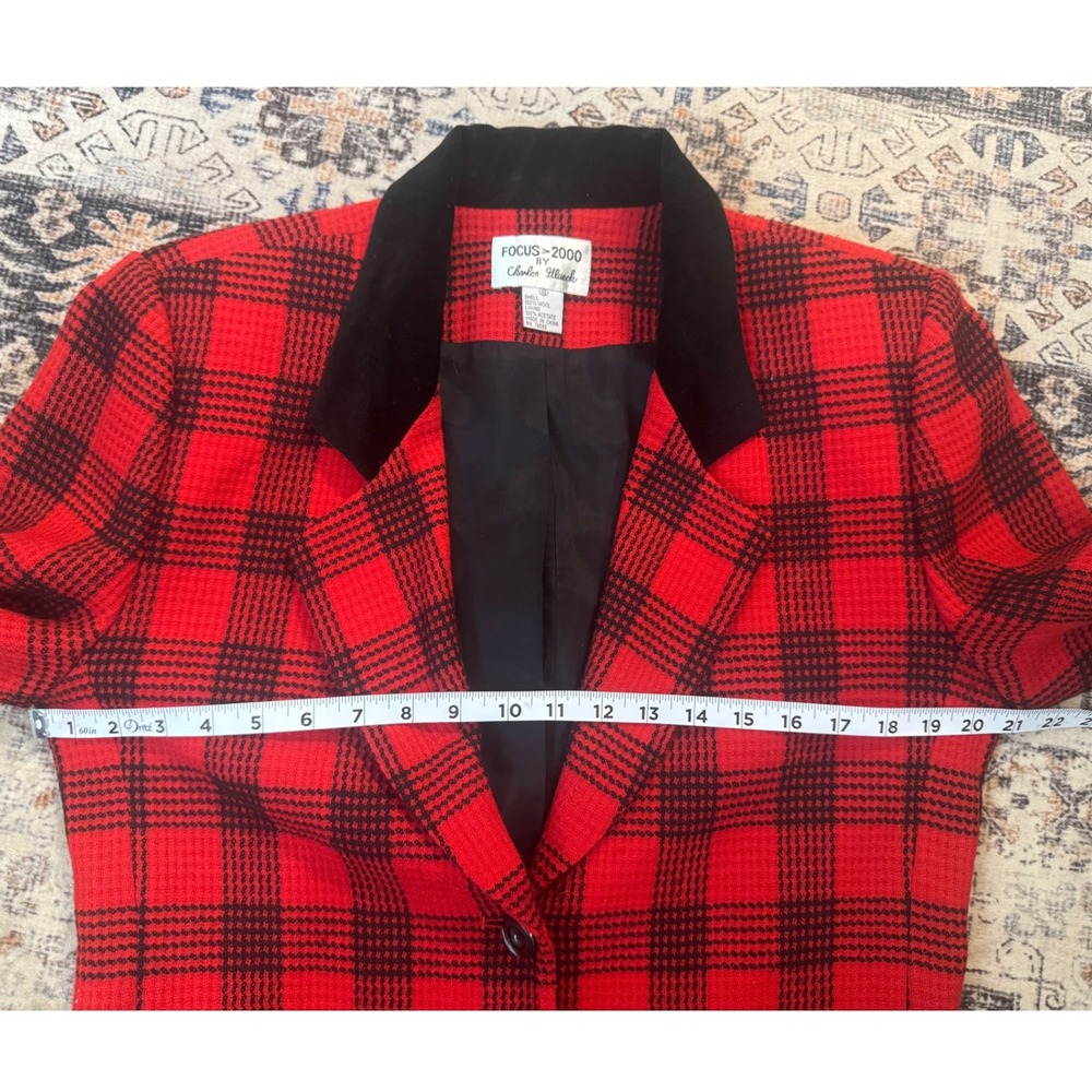 Vintage Focus-2000 Red Black Plaid Wool Skirt Suit Blazer Set Size‎ 10 Retro - Picture 3 of 9
